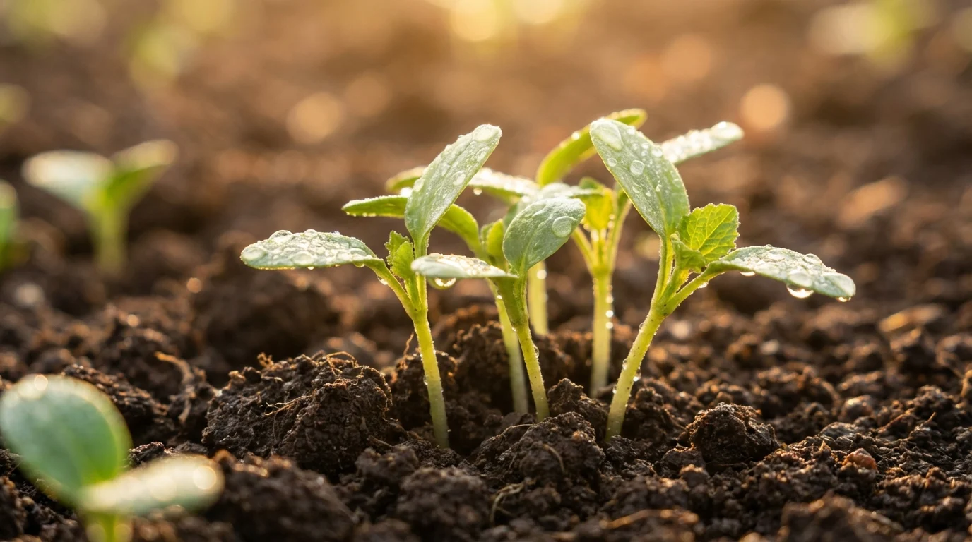Horta no Sul o que plantar em janeiro hortaliças frescas ||| Canteiro de terra escura com pequenas mudas verdes crescendo, luz do sol da manhã, gotas de água nas folhas, fotografia macro realista