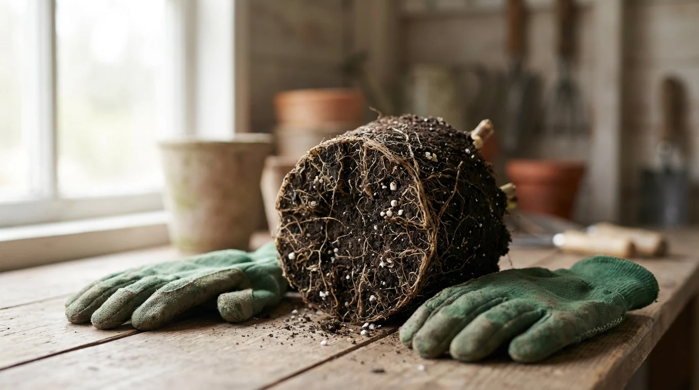 Cochonilha de raiz como eliminar passo a passo em plantas de vaso ||| Raízes de planta fora do vaso sobre mesa de madeira rústica, torrão de terra escuro com pequenas manchas brancas nas raízes, luvas de jardinagem verdes ao lado, luz natural suave da manhã