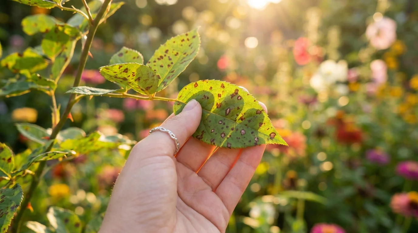 Como identificar pragas nas folhas do jardim ||| Mão feminina segurando delicadamente uma folha verde com manchas sob luz do sol, fundo desfocado de jardim com plantas floridas, fotografia macro nítida