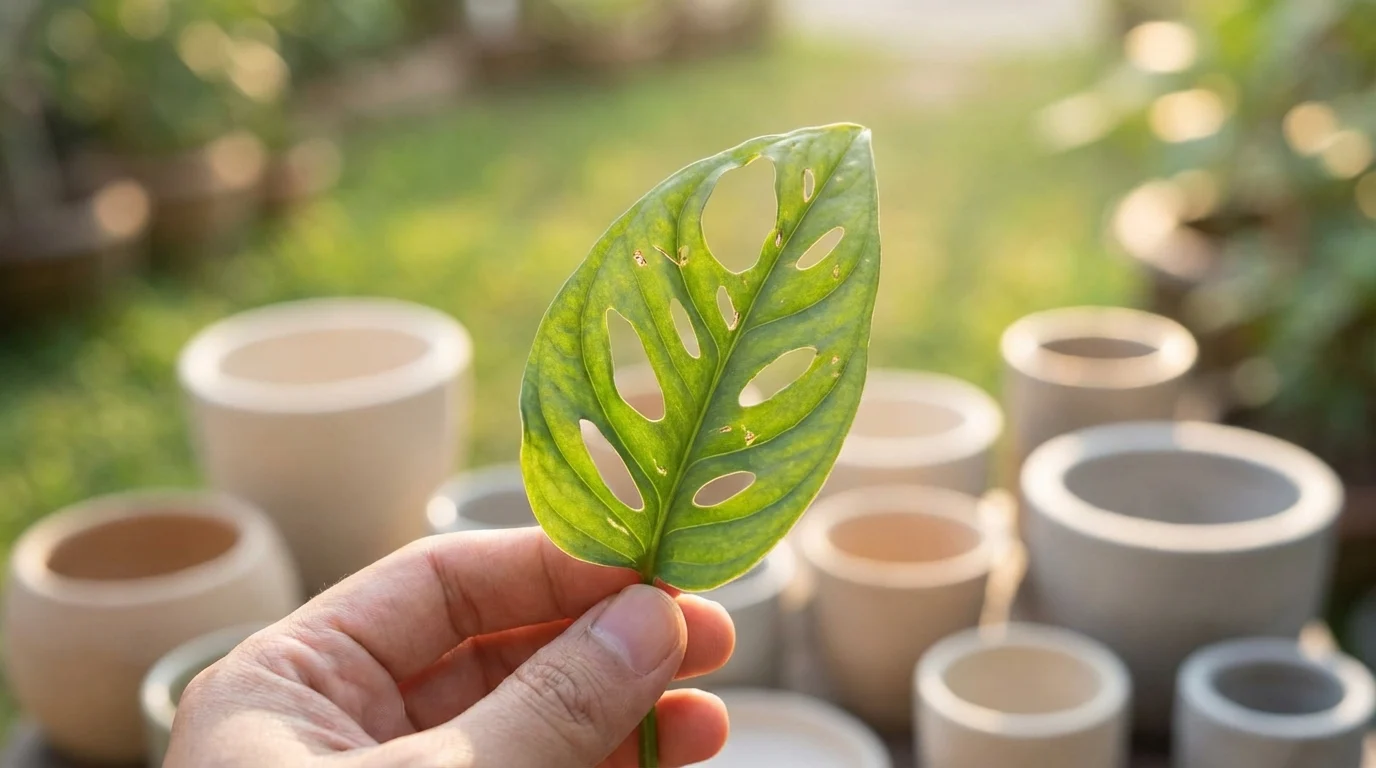 Como Acabar Com Lagartas nas Plantas usando observação diária ||| Mão segurando uma folha verde esburacada, luz natural do sol iluminando a textura da planta, jardim verde desfocado ao fundo com pequenos vasos de cerâmica