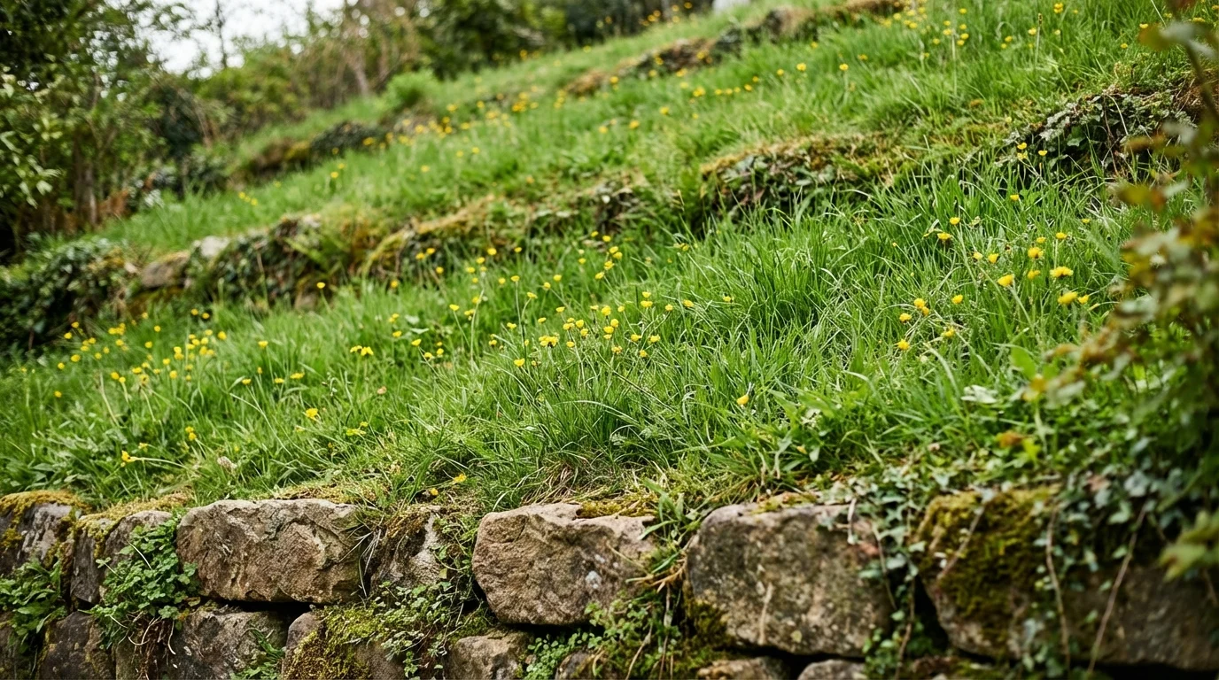 Cupins de solo e raízes destruindo gramado verde ||| Vista macro em nível do solo de gramado verde com pequenos montes de terra marrom escura entre as folhas de grama, luz solar da manhã criando sombras suaves, textura de terra úmida