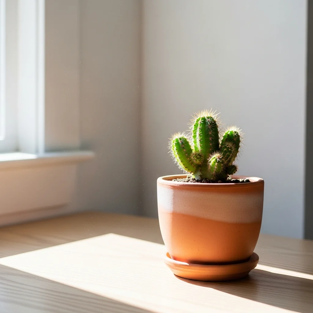Como Cuidar de Mini Cacto e Fazer Ele Durar na sala ||| Pequeno cacto verde em vaso de cerâmica terracota sobre uma mesa de madeira clara, luz solar suave entrando por uma janela, parede branca ao fundo, estilo minimalista e aconchegante