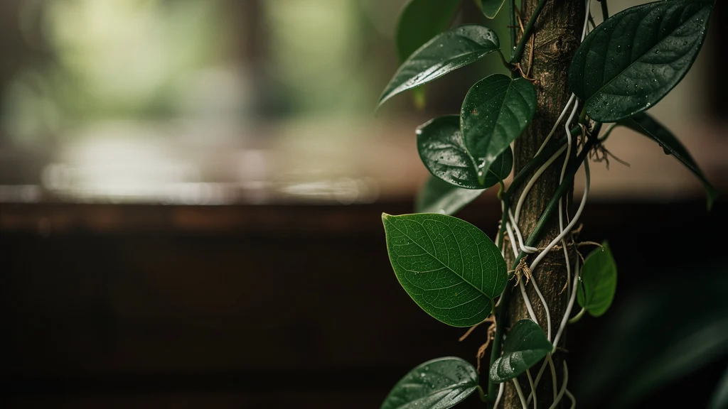 Orquídea baunilha com raízes aéreas visíveis e folhas verdes densas em ambiente úmido e sombreado ||| Folhas ovais verde-escuras densamente agrupadas em haste trepante, raízes aéreas brancas e grossas visíveis ao longo do caule, ambiente com luz difusa esverdeada, superfície de madeira úmida ao fundo, fotografia de close botânico