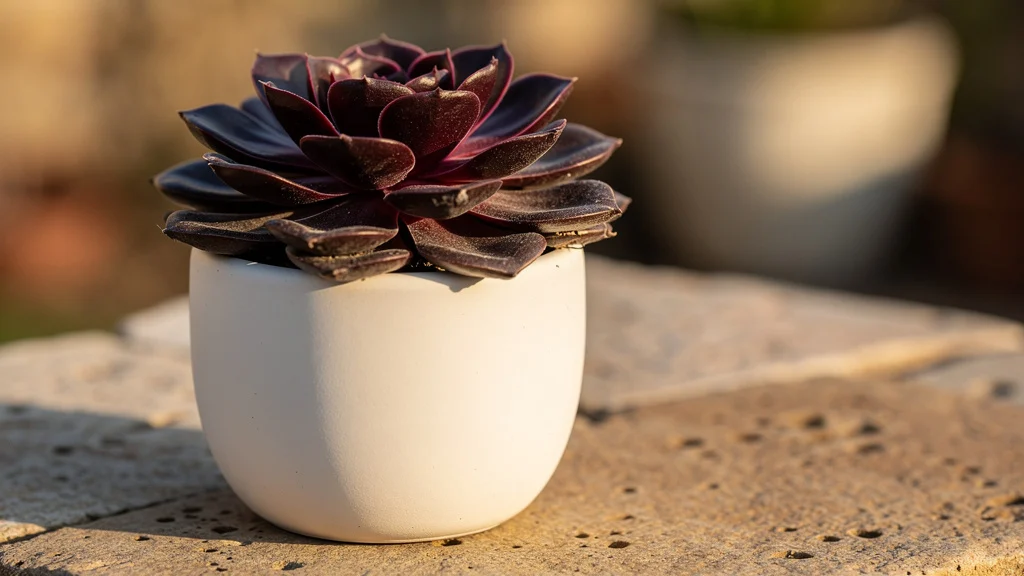 Echeveria gigante com roseta roxa e folhas largas em vaso de cerâmica ||| Roseta grande com folhas grossas em tons de vinho e roxo, textura rugosa visível, vaso de cerâmica branca sobre pedra, fundo desfocado com luz quente de tarde