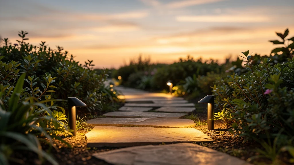 Caminho sinuoso em jardim pequeno com pedras irregulares e iluminação baixa ao entardecer ||| Caminho estreito de pedras irregulares entre vegetação densa e baixa, luminárias de jardim no solo acesas com luz quente, céu de fim de tarde com tons alaranjados, atmosfera acolhedora e intimista, fotografia ambiente