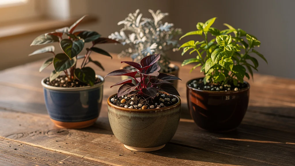 Folhagem variada de plantas miniaturas para jardim de fadas ||| Mesa de madeira rústica com quatro vasinhos cerâmica diferentes, plantas com folhas em tons de verde escuro, bordô, prata e verde limão, luz de janela criando sombras suaves, texturas de terra e pedrinhas visíveis