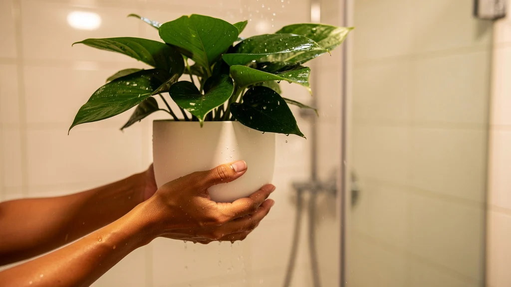 Banho de Chuveiro em Plantas de Interior Mãos segurando vaso médio com planta de folhas verdes brilhantes dentro de box de banheiro ||| Mãos femininas de pele morena clara segurando vaso de cerâmica branca com planta de folhas grandes e verdes, box de banheiro com azulejos claros ao fundo, água respingando suavemente, iluminação artificial quente, close editorial com fundo desfocado