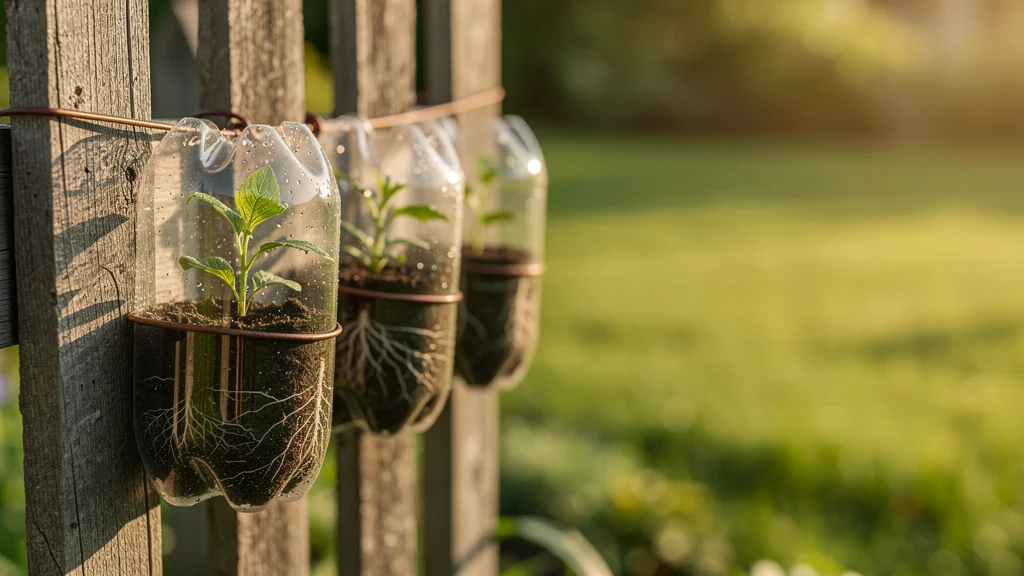 Horta Hidropônica no Quintal: Como Montar Garrafas pet transparentes penduradas verticalmente em cerca de madeira com mudas verdes brotando ||| Garrafas plásticas transparentes cortadas ao meio e presas com arame em cerca de ripas de madeira envelhecida, mudas verdes pequenas emergindo com raízes visíveis, luz do fim de tarde batendo lateralmente, fundo desfocado de gramado verde, estética caseira e artesanal
