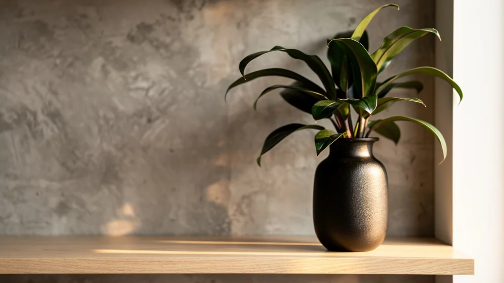 Flor da Zamioculca: Por Que Quase Ninguém Vê Zamioculca saudável em vaso escuro sobre prateleira de madeira clara em sala iluminada ||| Vaso cerâmico preto fosco sobre prateleira de madeira natural clara, planta com folhas verde-escuras brilhantes e caules arqueados, luz natural suave entrando pela direita, parede cimento queimado ao fundo, composição editorial de interiores