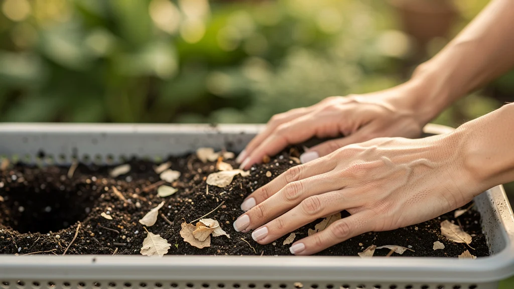 Gongocompostagem: Como Fazer Passo a Passo Mãos femininas misturando terra escura e folhas secas dentro de caixa plástica perfurada ||| Mãos femininas com unhas curtas naturais mergulhadas em substrato escuro úmido dentro de recipiente plástico cinza perfurado, fragmentos de folhas secas beges misturados, fundo desfocado verde de jardim, luz difusa de tarde, close editorial