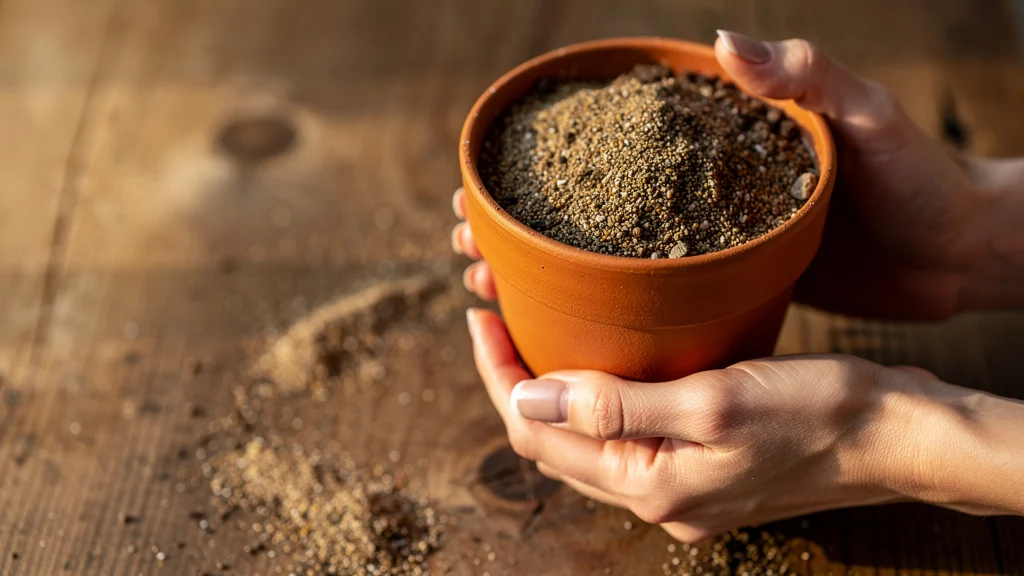 Mãos plantando suculenta em vaso de barro com substrato arenoso ||| Mãos femininas com unhas curtas e naturais segurando pequeno vaso de terracota laranja, terra arenosa com granulometria grossa visível, mesa de madeira rústica ao fundo desfocado, luz natural de janela lateral, cena intimista