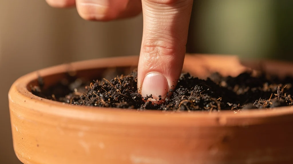 Rega das plantas no verão: teste do dedo na terra para checar umidade do solo ||| Dedo indicador de pessoa adulta enterrado em terra escura dentro de vaso de barro, luz natural lateral suave, close-up com fundo desfocado em tons terrosos, textura de solo úmido visível