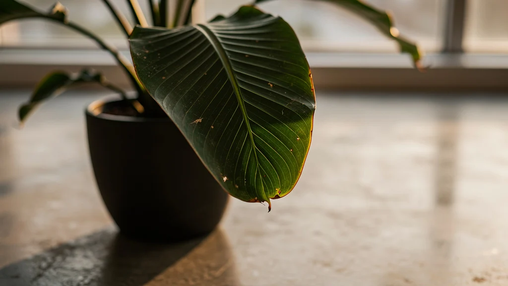 Plantas de Interior: o Cuidado que Muda Tudo Folhas largas e brilhantes de planta tropical em vaso escuro sobre piso de cimento ||| Close em folhas grandes de planta tropical, superfície verde profunda com nervuras marcadas, vaso de cerâmica escura sobre piso de cimento queimado, luz difusa de janela fora de foco ao fundo, composição minimalista