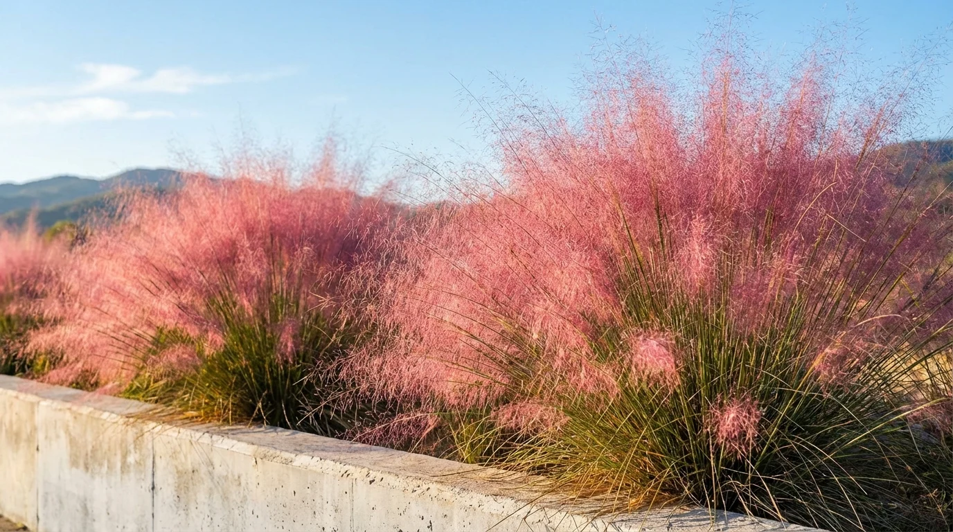 Tipos de capins ornamentais com plumas rosas ||| Várias touceiras de plantas com caules finos e uma névoa rosa intensa no topo, plantadas ao longo de uma mureta de concreto claro, dia ensolarado, céu azul ao fundo