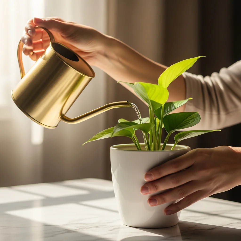Dica de rega e escolha de vaso para plantas de interior ||| Mãos segurando um regador de metal dourado despejando água suavemente em um vaso de cerâmica branca com folhas verdes, superfície de mármore claro, iluminação natural brilhante vindo da esquerda, fundo desfocado em tons quentes