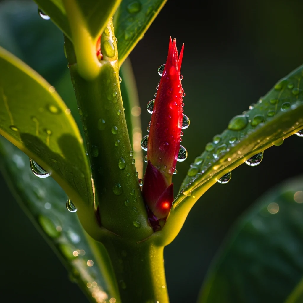 Dicas práticas de como fazer o ficus elastica crescer mais forte ||| Detalhe focado em um broto vermelho brilhante no topo de um caule verde grosso, folhas verdes ao redor desfocadas, gotas de orvalho refletindo a luz da manhã, macro fotografia de botânica com fundo escuro e elegante