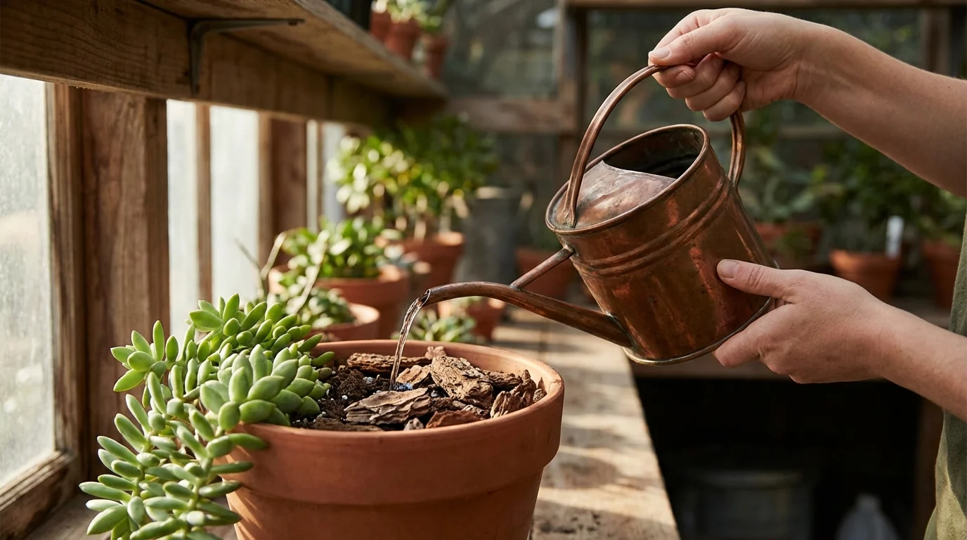 Regando a flor-de-cera com substrato drenável ||| Mãos segurando um regador de metal acobreado despejando água suavemente em um vaso de barro com terra solta e cascas de árvore, folhas carnudas verdes caindo pela borda, luz natural lateral