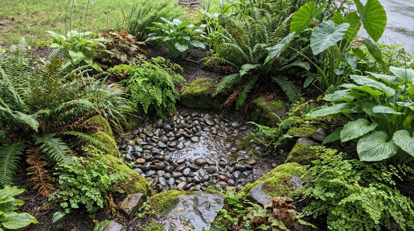 Jardim de chuva funcional nas tendências de paisagismo em 2026 ||| Canteiro rebaixado com pedras roladas no fundo, samambaias e plantas tropicais ao redor, água da chuva infiltrando suavemente, estilo paisagismo naturalista