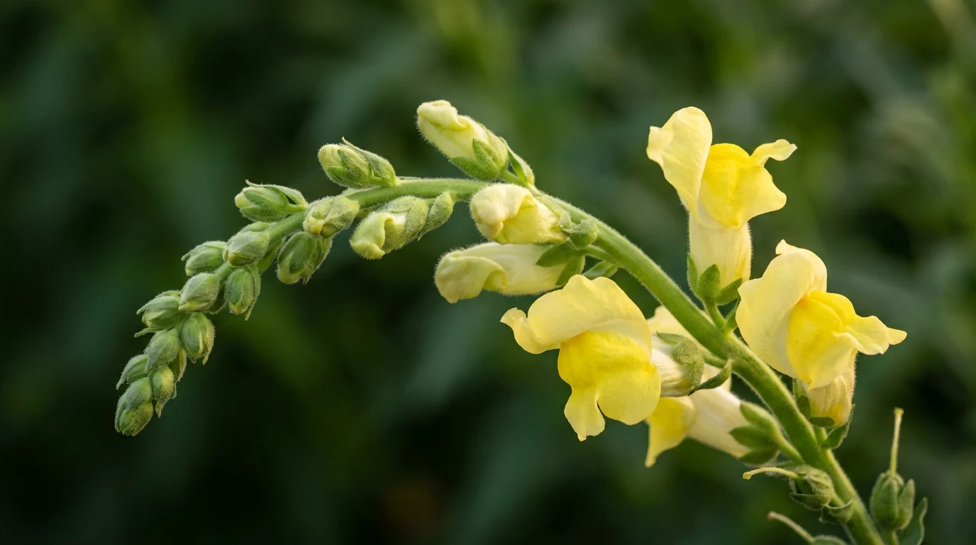 Orquídea Cascata: Como Cuidar e Fazer? Detalhe da haste de uma orquídea cascata amarela ||| Close-up em uma haste floral verde curvada para baixo, repleta de botões fechados e flores amarelas vibrantes, fundo desfocado em tons de verde escuro, iluminação natural destacando as pétalas macias