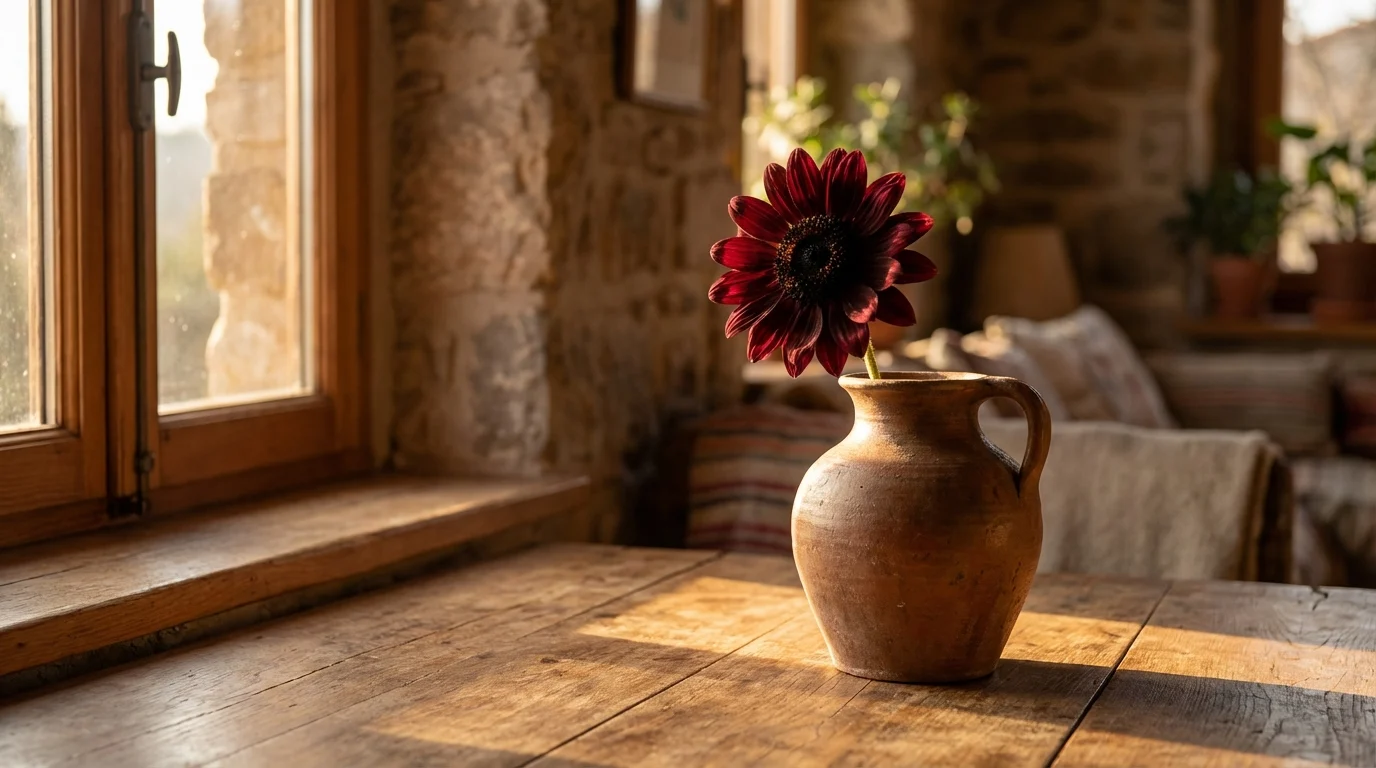 Significado do girassol vermelho com pétalas escuras ||| Vaso rústico de barro sobre mesa de madeira maciça, flor grande com pétalas vinho escuro e centro preto, luz de fim de tarde entrando por uma janela, ambiente acolhedor e rústico