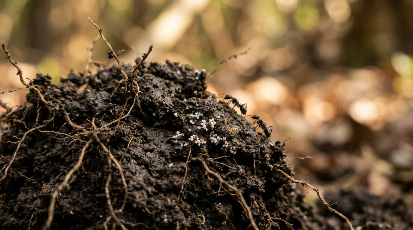 Formigas protegendo cochonilha de raiz suculenta e rosa do deserto ||| Close macro de torrão de terra úmida com pequenas raízes expostas, minúsculos pontos brancos aglomerados, duas formigas pretas caminhando sobre a terra, fotografia macro com profundidade de campo rasa