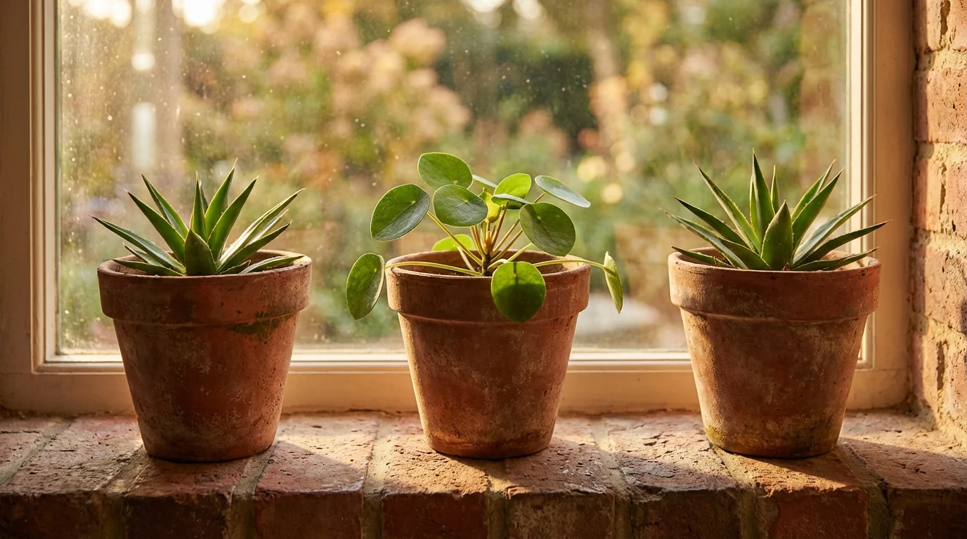 Vasos com ervas para gripe e resfriado o que plantar na varanda ||| Três vasos de barro alinhados no parapeito de uma janela de tijolos, contendo pequenas plantas verdes de folhas arredondadas e pontiagudas, luz suave do fim de tarde