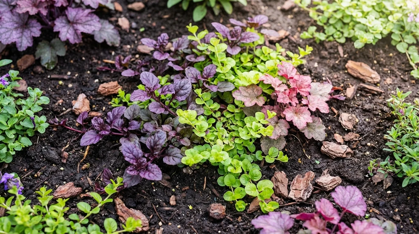 Bandeja de microgreens de rabanete frescos e saudáveis ||| Mão segurando uma tesoura pequena cortando delicadamente pequenos caules verdes com folhas avermelhadas, vasilha de cerâmica branca ao lado, luz suave de janela, estilo flat lay
