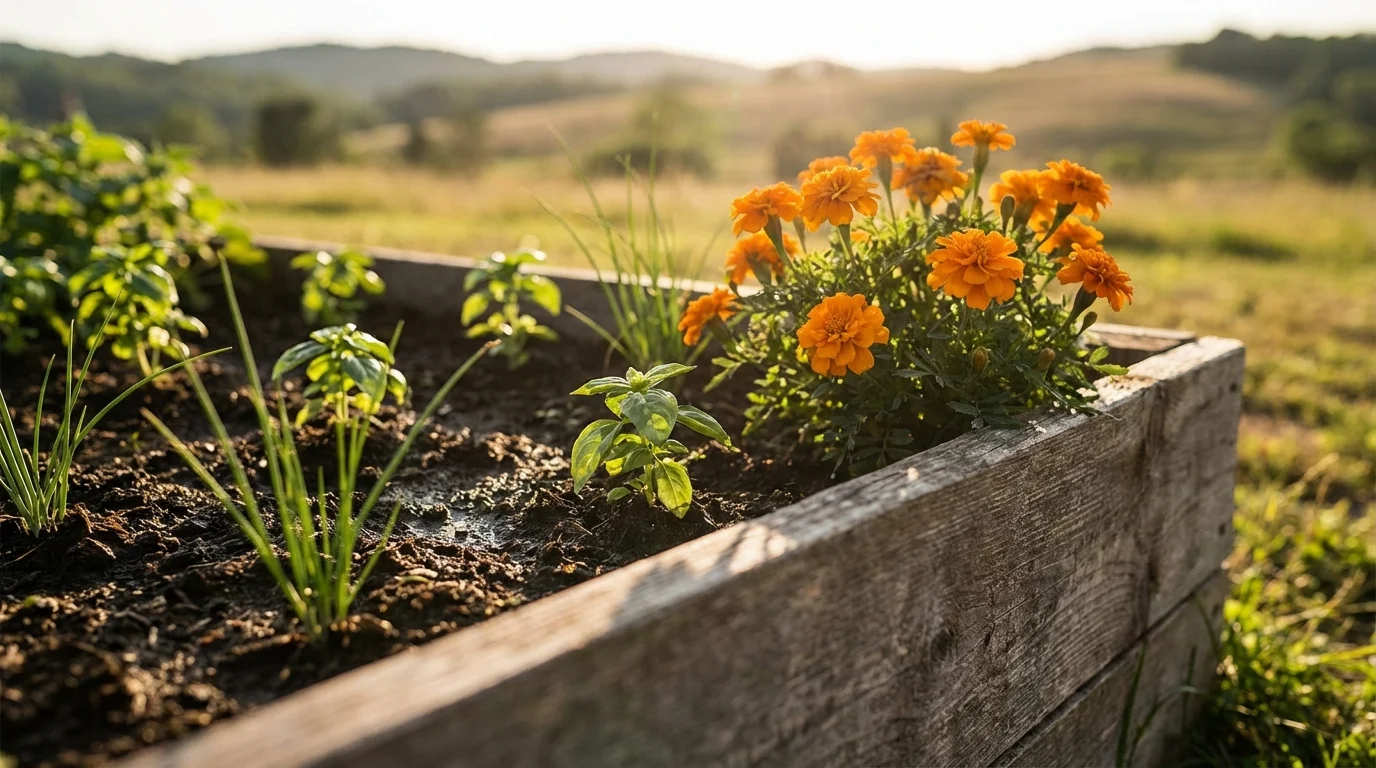 Plantas repelentes e flores amigáveis no canteiro orgânico ||| Canteiro rústico de madeira com pequenas mudas de manjericão e cebolinha ao lado de flores alaranjadas brilhantes, terra escura e úmida, luz quente da tarde, estilo editorial de campo