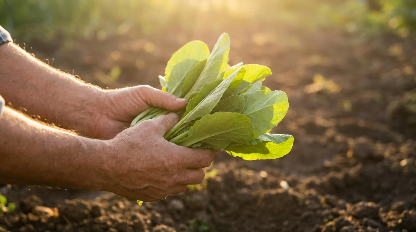 Folhas verdes rúcula e alface Horta no Sul o que plantar em janeiro ||| Mãos segurando um maço de folhas verdes frescas, terra ao fundo desfocada, luz natural de fim de tarde, tons vivos de verde