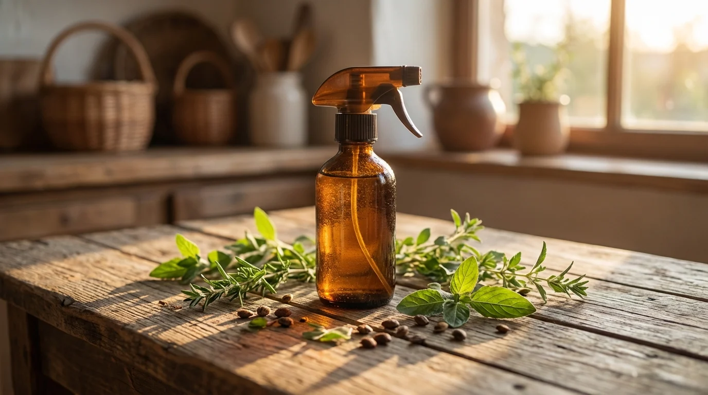 Ingredientes naturais sobre como acabar com lagartas nas plantas ||| Borrifador de vidro âmbar sobre mesa de madeira rústica, cercado por folhas verdes frescas e sementes escuras, iluminação suave de fim de tarde