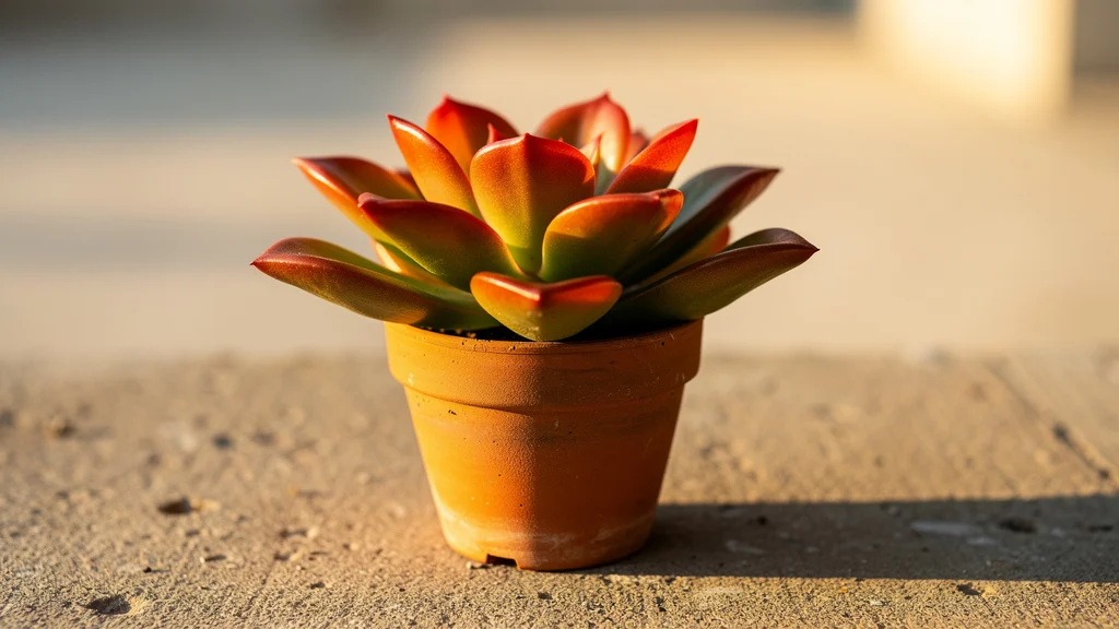 Suculenta com folhas em gradiente de verde a vermelho em luz solar intensa ||| Roseta de folhas espessas com gradiente de cores entre verde, laranja e vermelho nas pontas, luz solar direta incidindo em ângulo lateral, vaso de barro sobre superfície de concreto, fundo claro desfocado