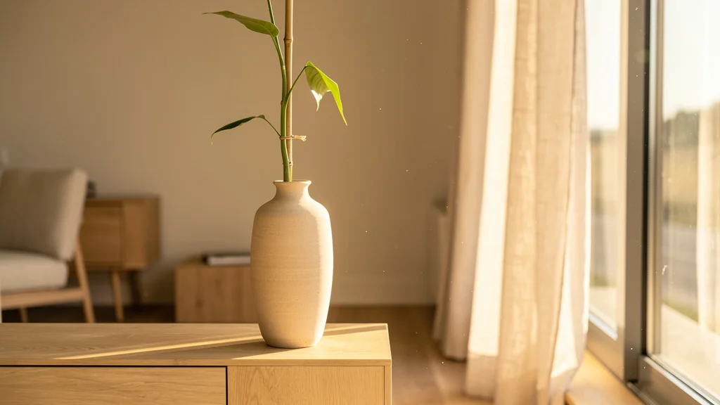 Sala de estar com planta trepante em vaso grande próxima à janela ampla, luz natural entrando lateralmente, decoração minimalista com tons neutros ||| Vaso alto de cerâmica bege posicionado ao lado de janela grande com cortina leve, haste verde longa subindo em suporte de bambu, luz solar da manhã entrando em ângulo, sala com móveis de madeira clara e piso de madeira, fotografia de interiores editorial
