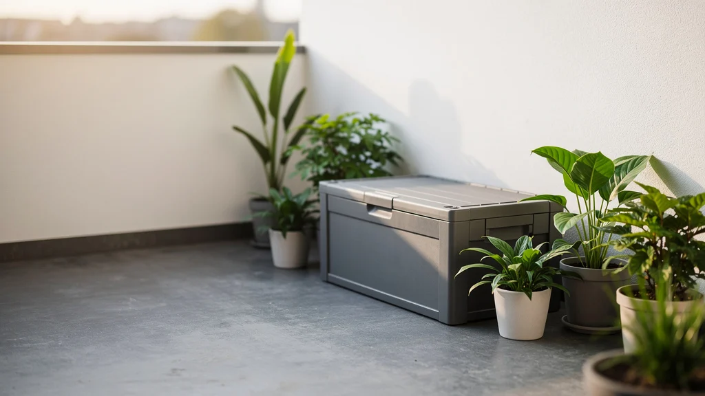 Gongocompostagem: Como Fazer Passo a Passo Caixa de compostagem bem organizada em varanda com plantas ao redor ||| Varanda pequena com piso de cimento cinza, caixa plástica cinza fechada no canto, vasos de plantas verdes ao redor, parede branca ao fundo, luz natural da manhã, fotografia de estilo de vida residencial
