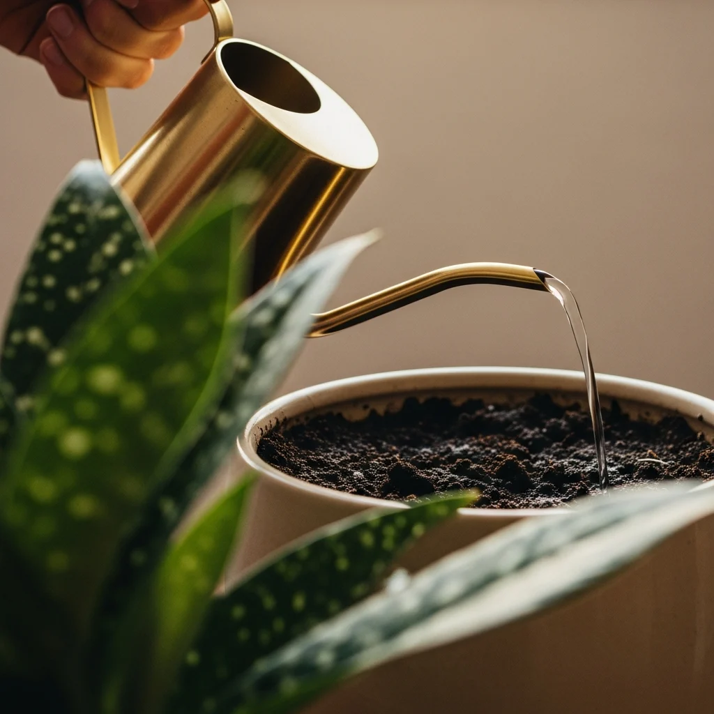 Dicas de rega e como cuidar de Begônia maculata passo a passo em casa ||| Mão segurando um regador de bico fino de metal dourado, despejando água suavemente na terra escura de um vaso de cerâmica bege, folhas alongadas verdes com manchas brancas desfocadas em primeiro plano, luz de fim de tarde