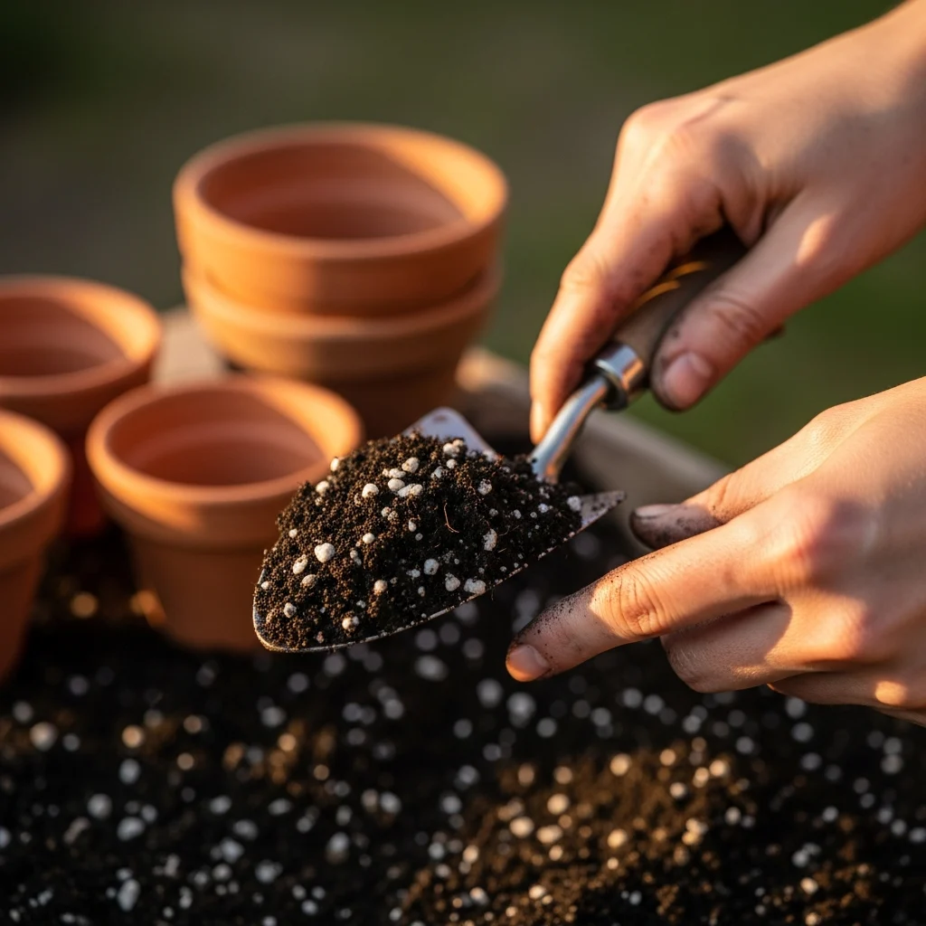 Mistura de solo e adubação orgânica para criar dedo verde ||| Mãos sujas de terra segurando uma pá pequena de metal, punhado de terra escura com pedrinhas brancas misturadas, vasos vazios de barro ao fundo fora de foco, luz quente de fim de tarde