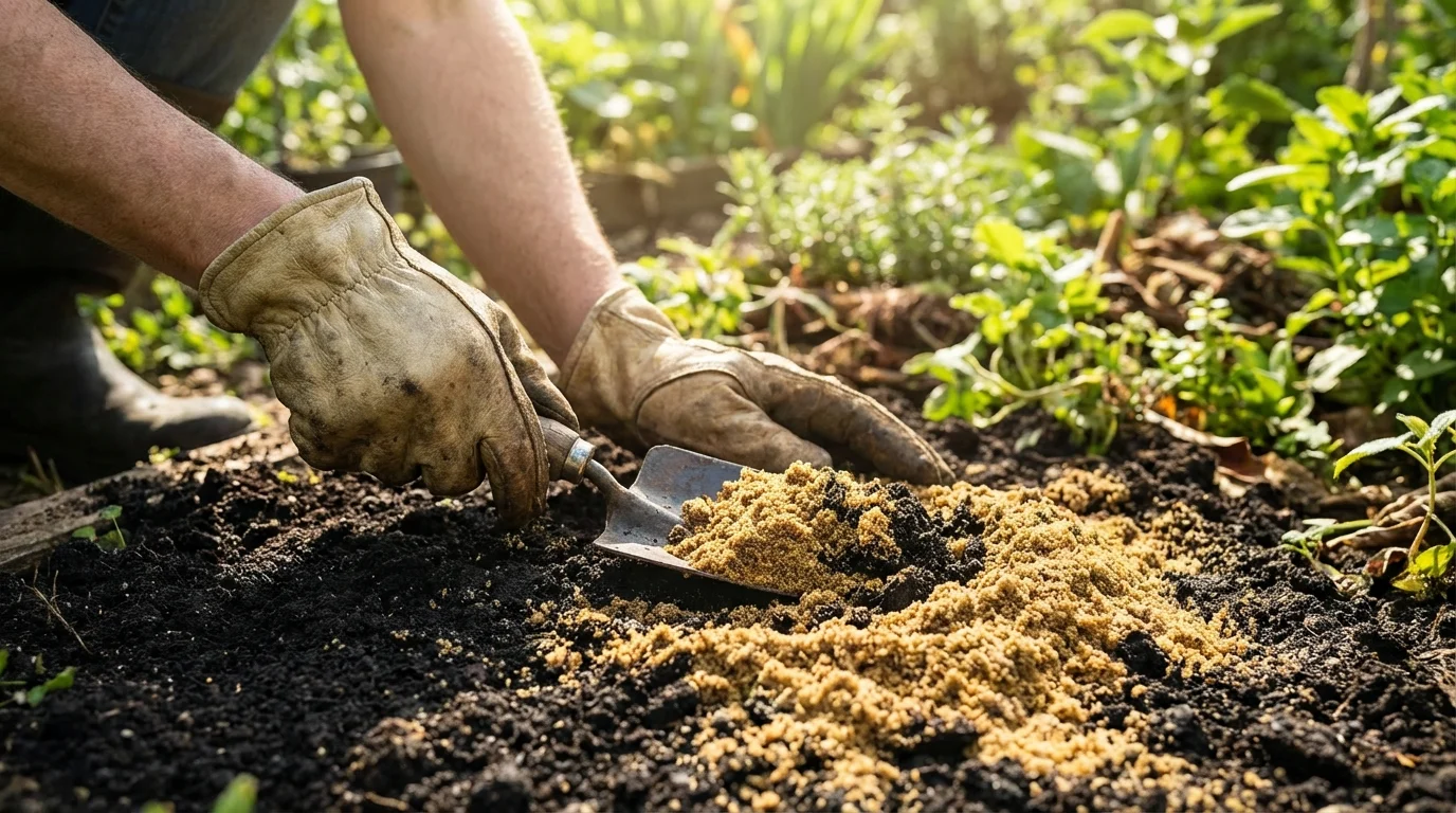 Preparo de solo com areia para drenagem e plantio de mudas ||| Mãos usando luvas de couro grossas misturando terra preta com areia grossa amarelada usando uma pequena pá de metal em um jardim, luz solar brilhante batendo no chão
