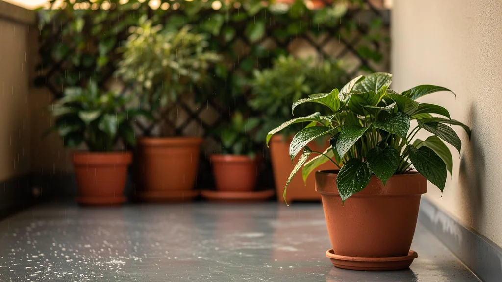 Rega das plantas no verão: vaso externo em varanda com chuva de verão ao fundo ||| Vasos de plantas em cerâmica terracota sobre piso de concreto cinza em varanda externa, gotas de chuva visíveis no ar com luz difusa de fim de tarde, folhas verdes brilhantes molhadas, ambiente semi-coberto com trepadeira ao fundo, fotografia ambiental
