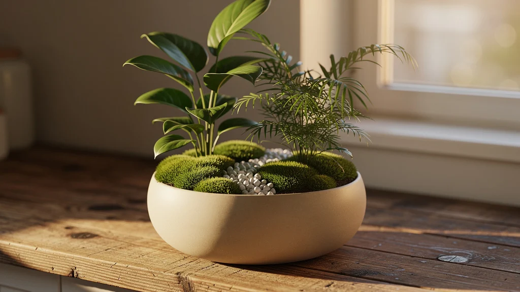 Jardim de fadas montado em vaso amplo com detalhes decorativos e plantas variadas ||| Vaso cerâmica bege amplo sobre bancada de madeira envelhecida, três espécies de plantas com folhas em diferentes texturas e alturas, caminho de pedrinhas brancas, musgo verde cobrindo a terra, luz de tarde entrando por janela