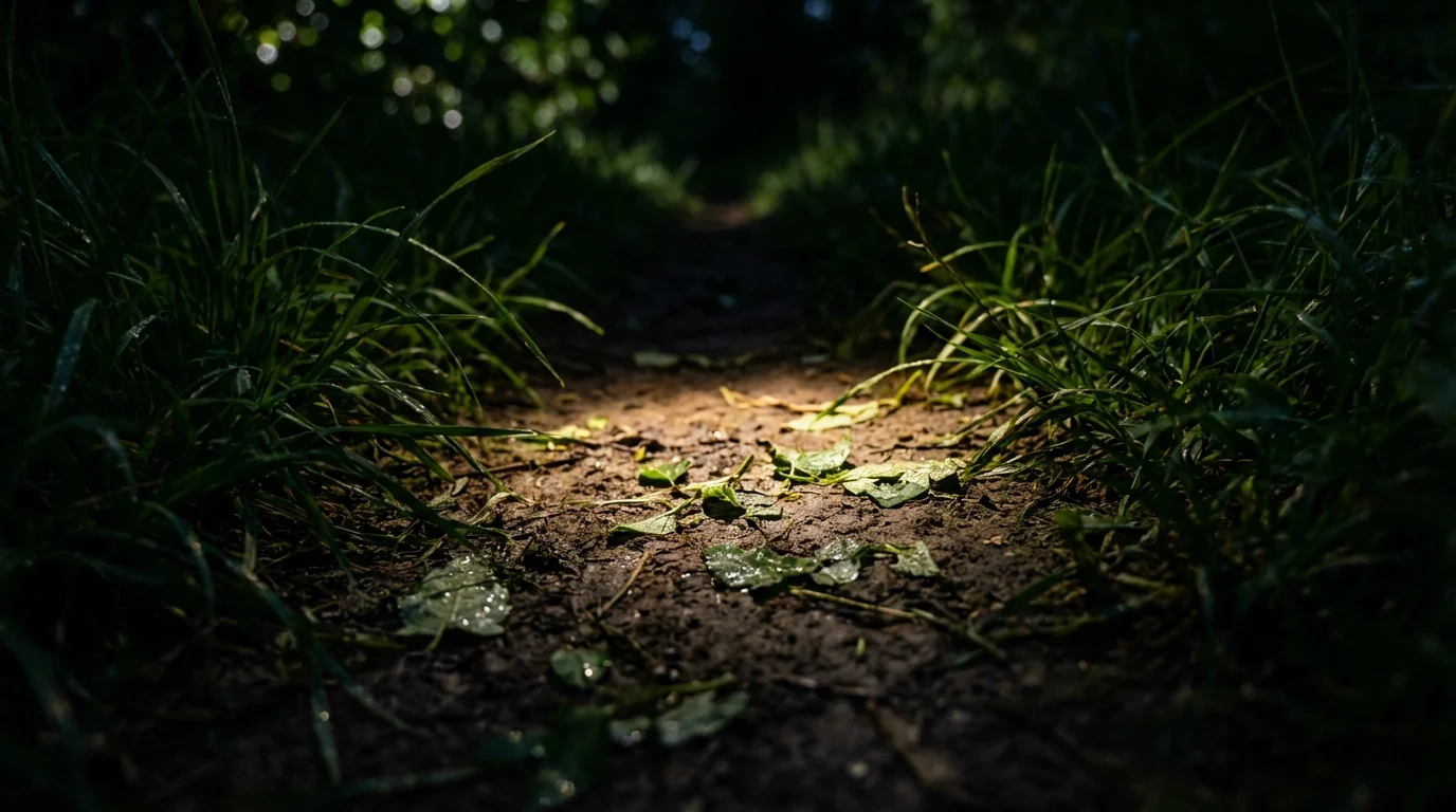 Formigas cortadeiras de folhas carregando material para o ninho ||| Fotografia noturna com iluminação de lanterna focada em um caminho de terra no meio da grama, pequenos pedaços de folhas verdes espalhados pelo chão úmido, macro fotografia