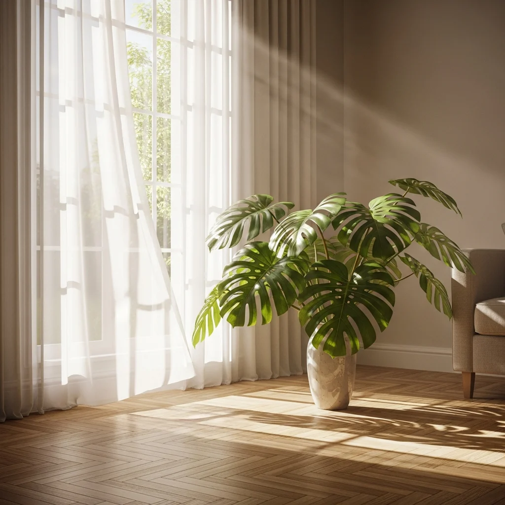 A iluminação perfeita para aprender como cuidar de plantas ||| Janela grande com cortina branca esvoaçante, raios de sol suaves iluminando vaso com folhagens largas e recortadas, piso de taco de madeira clara, sala aconchegante e brilhante