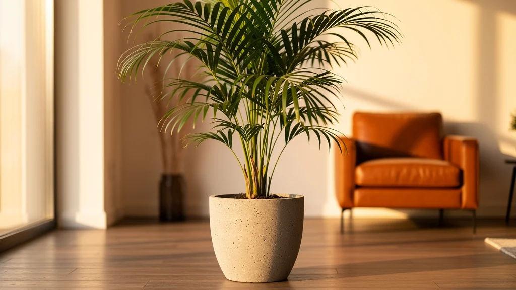 Areca Bambu em Vaso: Como Cuidar de Verdade Vaso grande com palmeira tropical em sala decorada, areca bambu grande em vaso, cuidados com pragas e ambiente interno | || Palmeira alta em vaso de cimento texturizado sobre assoalho de madeira, sala com teto alto, poltrona de couro caramelo ao fundo, luz natural ampla entrando pela janela lateral, composição clean e contemporânea