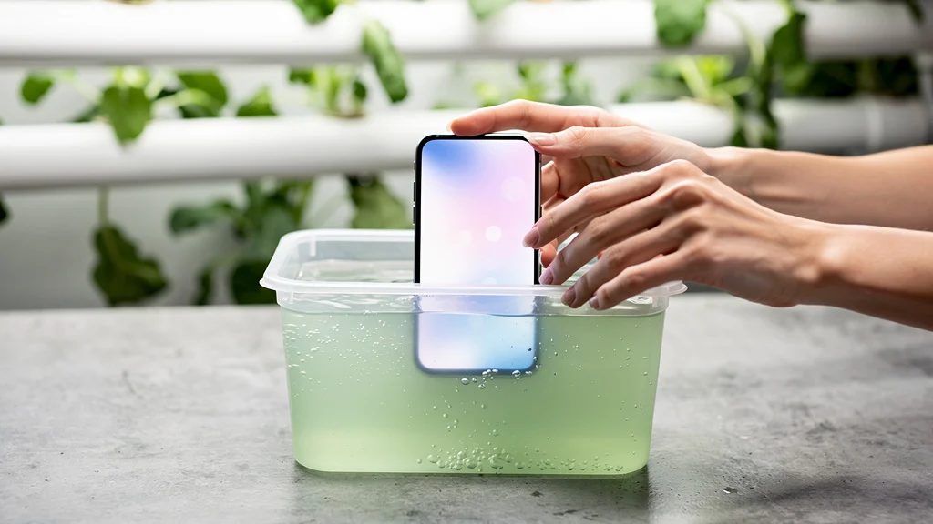 Horta Hidropônica no Quintal: Como Montar Mãos medindo pH de solução hidropônica com aparelho digital ao lado de canos brancos com plantas ||| Mãos femininas segurando aparelho eletrônico pequeno mergulhado em líquido levemente esverdeado num recipiente plástico transparente, canos brancos ao fundo com folhas verdes emergindo, bancada de cimento cinza, luz de teto difusa, composição próxima e detalhada