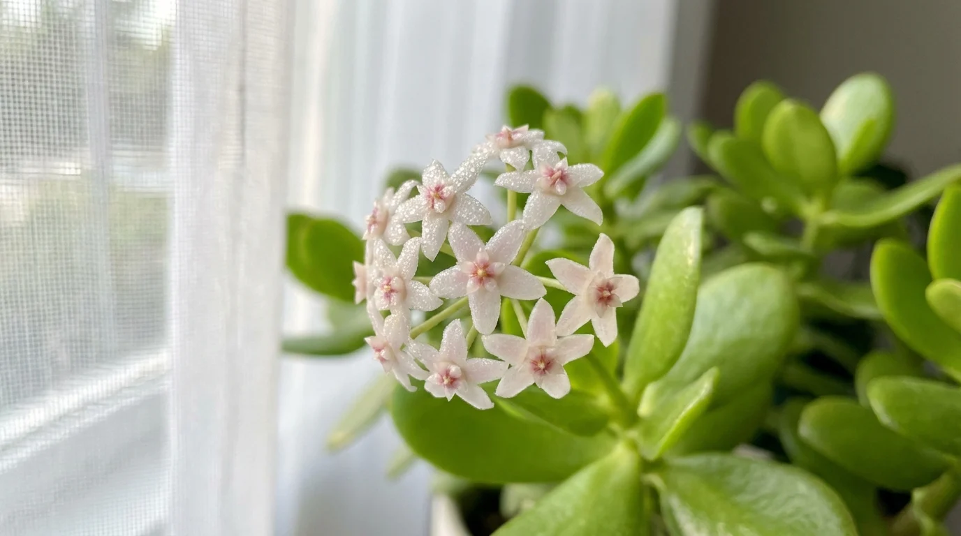 Cachos da flor-de-cera perto da janela ||| Cacho de flores pequenas em formato de estrela nas cores branco e miolo rosa, folhas verdes brilhantes ao fundo, luz suave de janela com cortina branca translúcida, fotografia macro