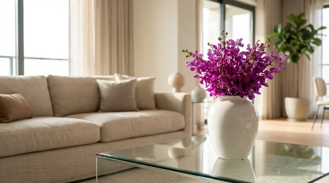Como Usar a Planta Cheflera na Decoração Ideias de decoração para a sala de estar usando plantas grandes e cheflera ||| Sala moderna com piso de cimento queimado, poltrona de couro caramelo, banco de madeira rústica servindo de suporte para vaso de barro cilíndrico contendo planta arbustiva verde, luz indireta amarelada no canto da parede