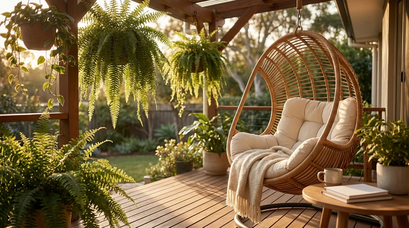 Design biofílico e santuário natural no paisagismo moderno ||| Varanda aconchegante com deck de madeira, poltrona suspensa de vime, muitas samambaias penduradas, luz de fim de tarde filtrada pelas folhas