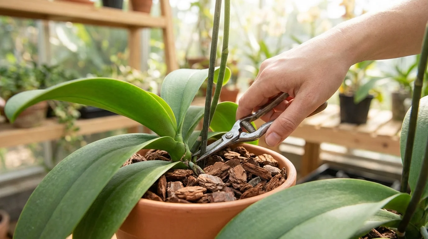 Orquídea Cascata: Como Cuidar e Fazer? Tesoura de poda cortando haste de orquídea cascata rosa ||| Mão segurando uma pequena tesoura de poda metálica cortando a base de uma haste floral verde em um vaso com cascas de pinus, folhas largas ao redor, ambiente iluminado estilo estufa