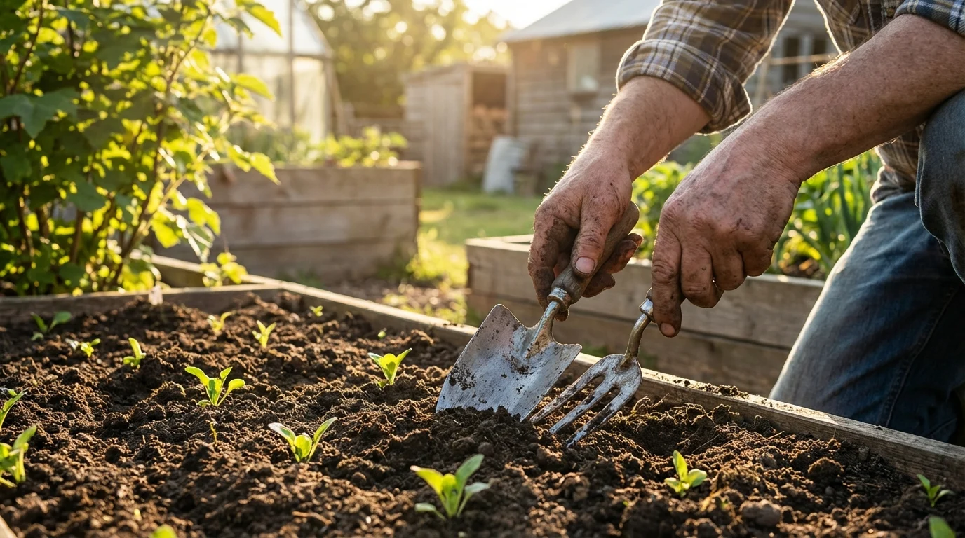 Dicas práticas de cultivo e adubação para flores raras ||| Mãos sujas de terra segurando ferramentas pequenas de jardinagem, canteiro com terra escura fofa, pequenos brotos verdes surgindo, luz de sol vibrante iluminando a cena rural