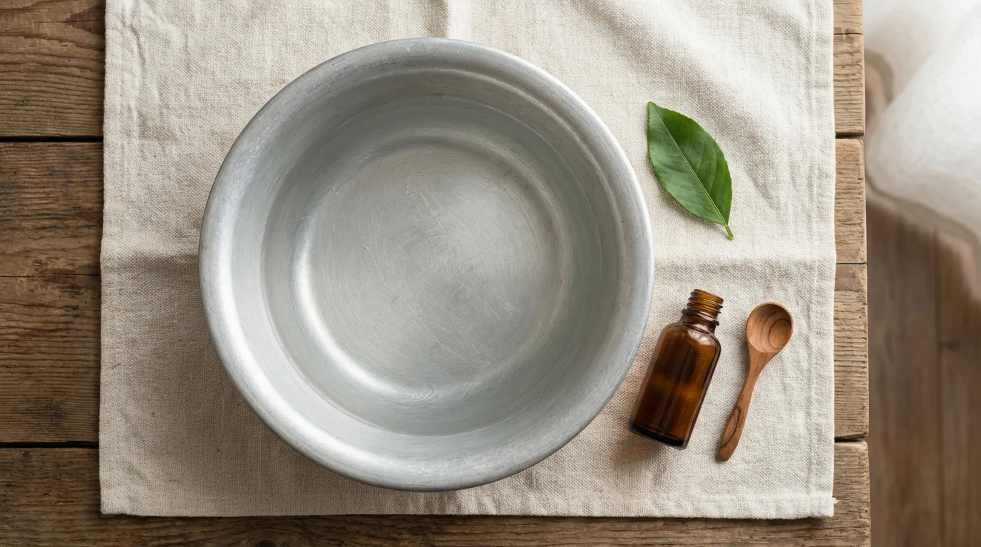 Tratamento e cochonilha de raiz remédio caseiro com óleo de neem ||| Bacia de alumínio redonda cheia de água limpa, pequeno frasco de vidro âmbar ao lado, colher de madeira pequena, folha verde sobre toalha de algodão cru na mesa, estilo flat lay estético