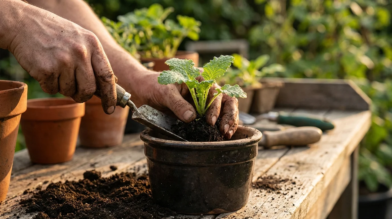 Como cuidar das ervas para gripe e resfriado o que plantar em casa ||| Mãos sujas de terra segurando uma pequena pá de metal, transplantando uma muda com folhas texturizadas para um vaso de cerâmica escuro, luz lateral quente