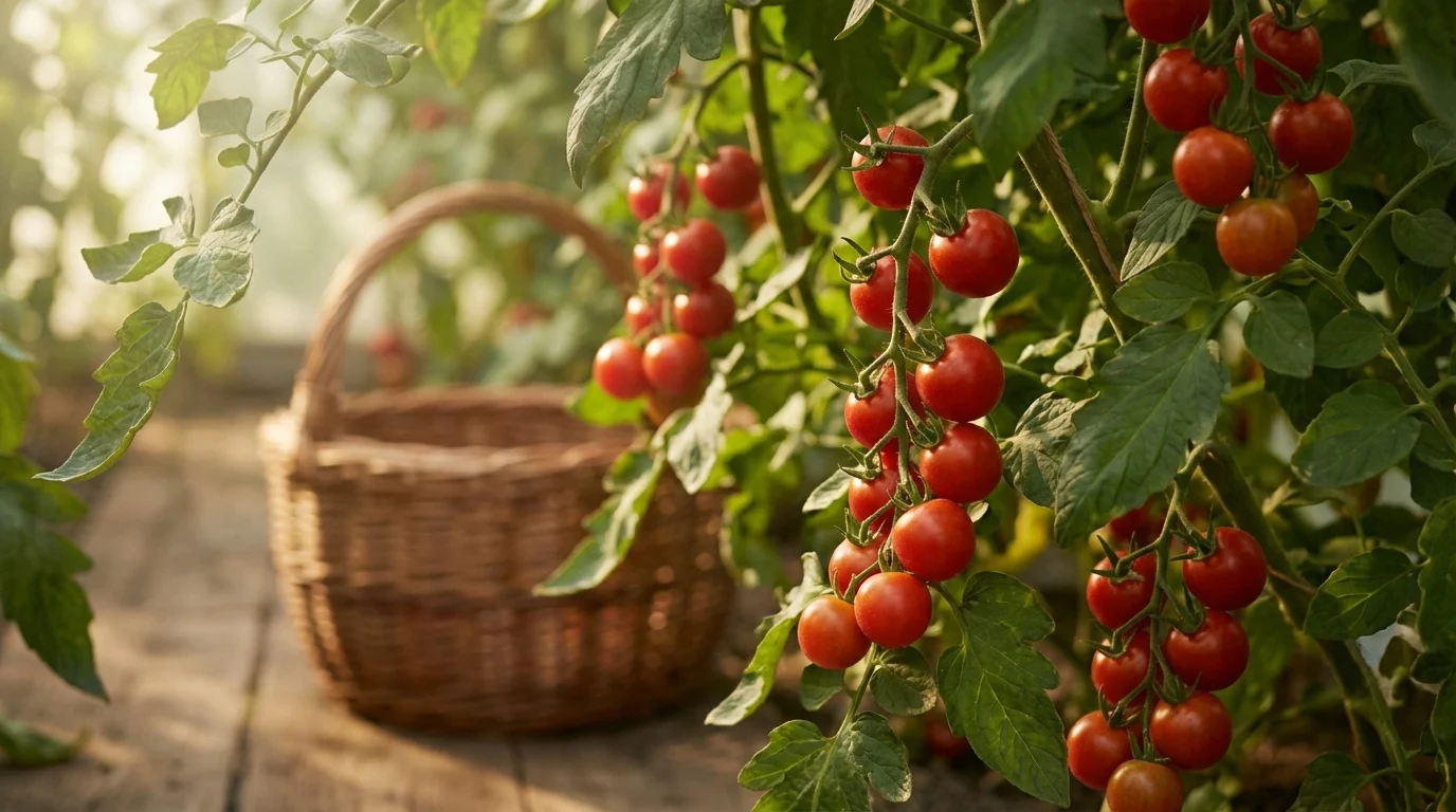 Tomate cereja e berinjela horta no sul em janeiro ||| Tomates pequenos vermelhos pendurados em galhos verdes, luz suave penetrando pelas folhas, cesto de vime ao fundo, estilo rústico